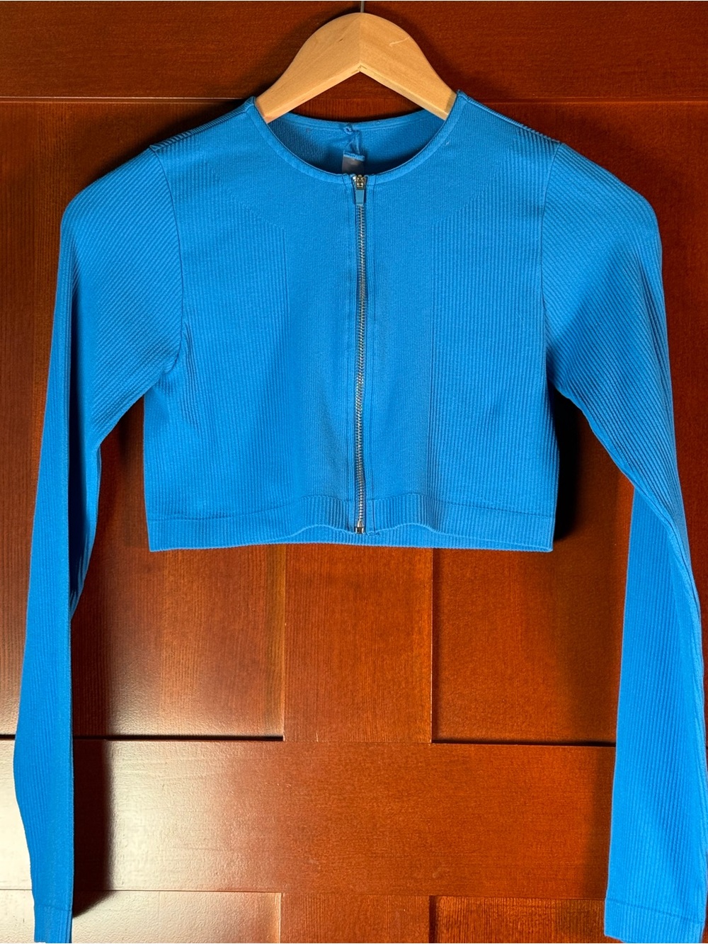 Garage B.DY Blue Ribbed Cropped Zip Front Long Sleeve Top Size M Y2K